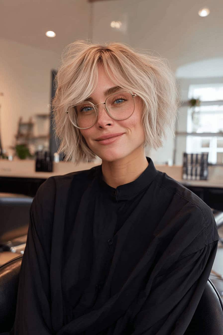 Frau mit blonden, welligen Kurzhaarschnitt und Brille in einem Salon.