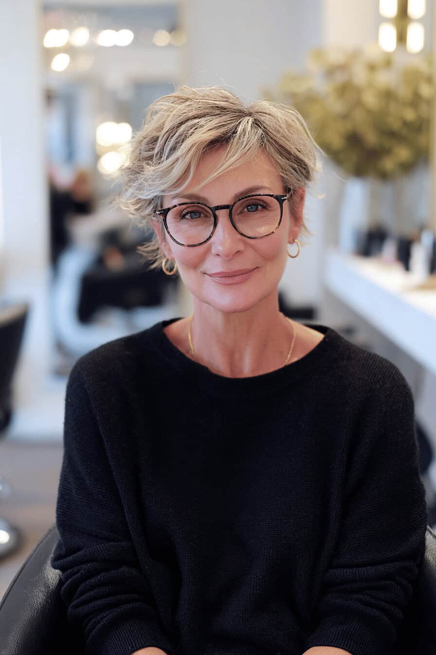 Ältere Frau mit modischem Kurzhaarschnitt und Brille in einem Friseursalon.