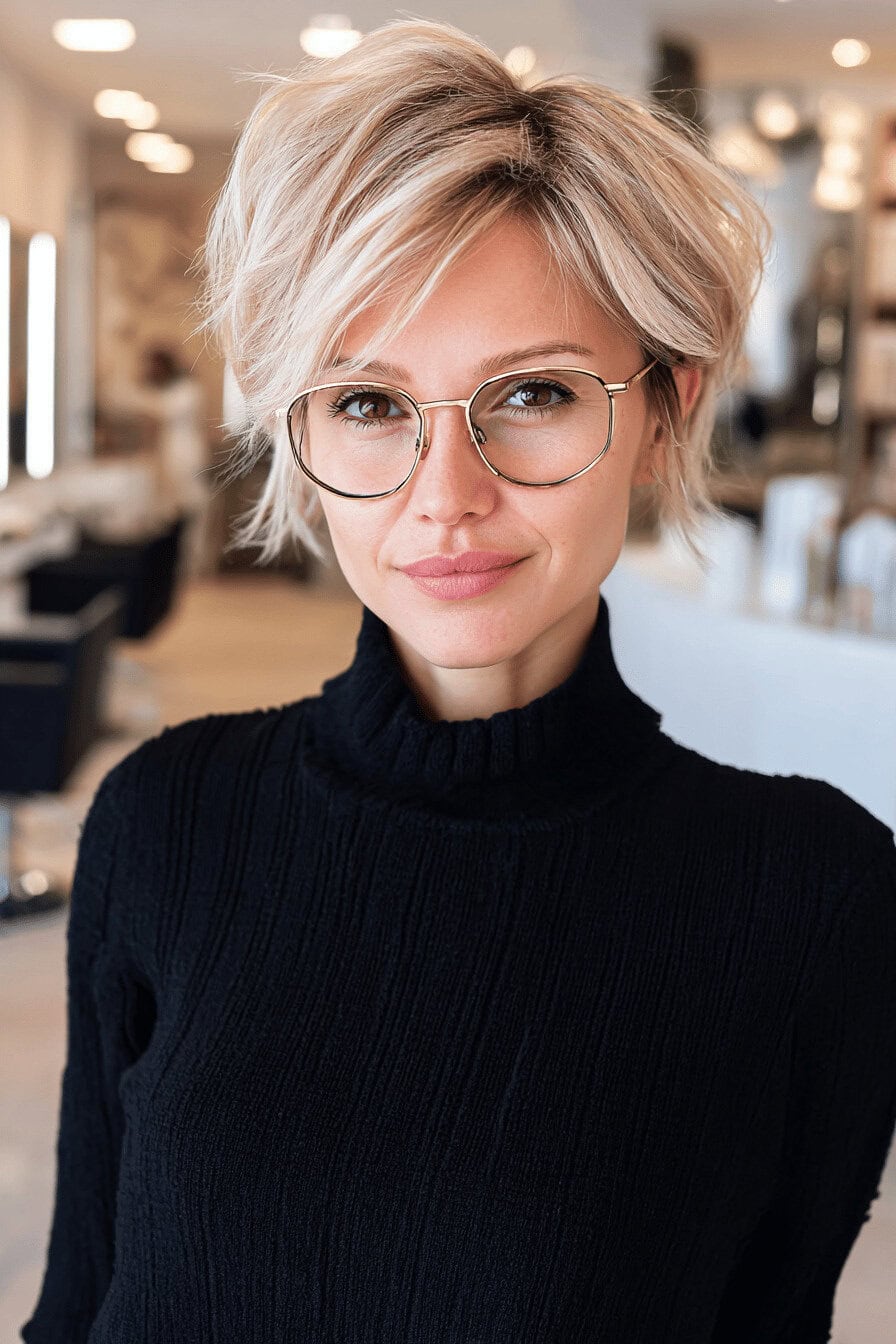 Frau mit blondem Kurzhaarschnitt und Brille in einem Friseursalon.