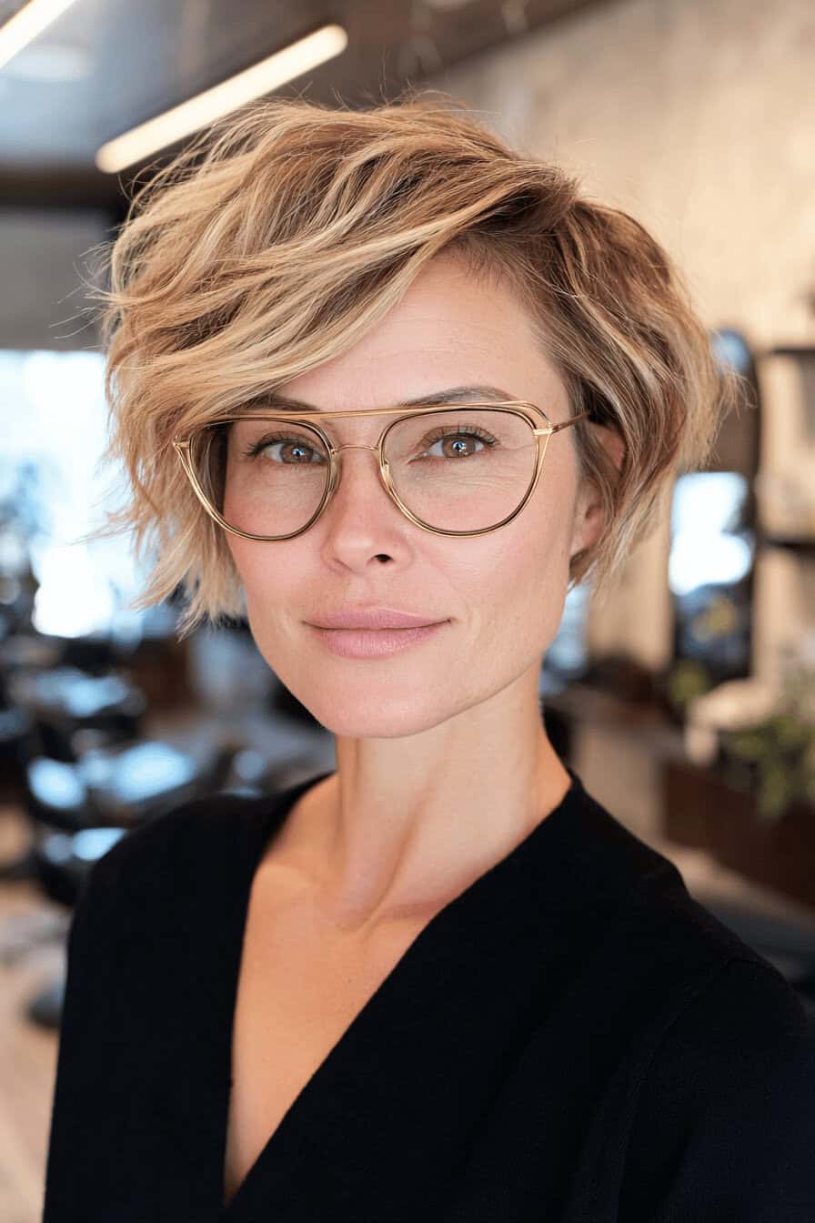 Frau mit stilvoller Kurzhaarfrisur und Brille in einem Friseursalon.