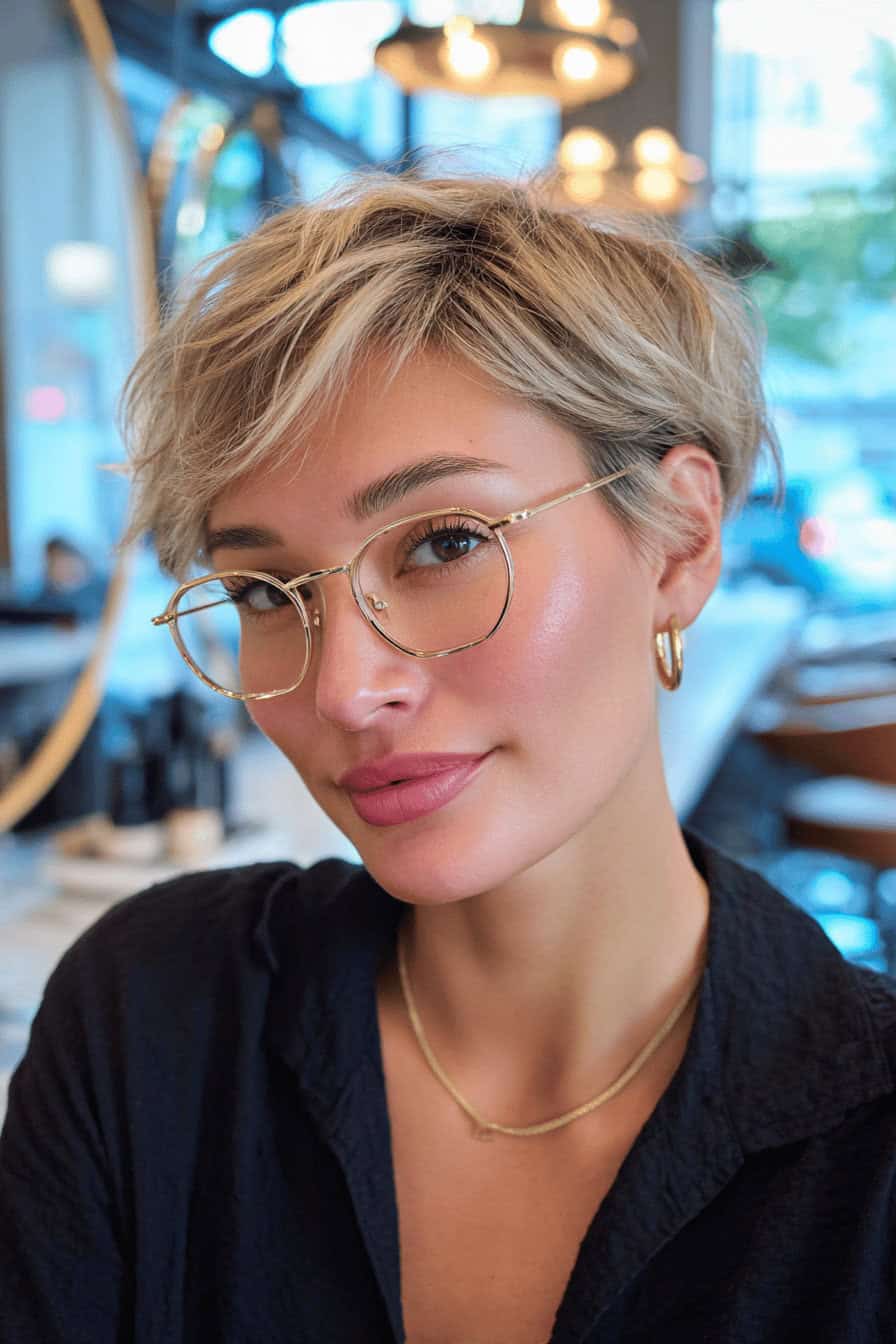Eine Frau mit stylischer Kurzhaarfrisur und Brille in einem modernen Café.