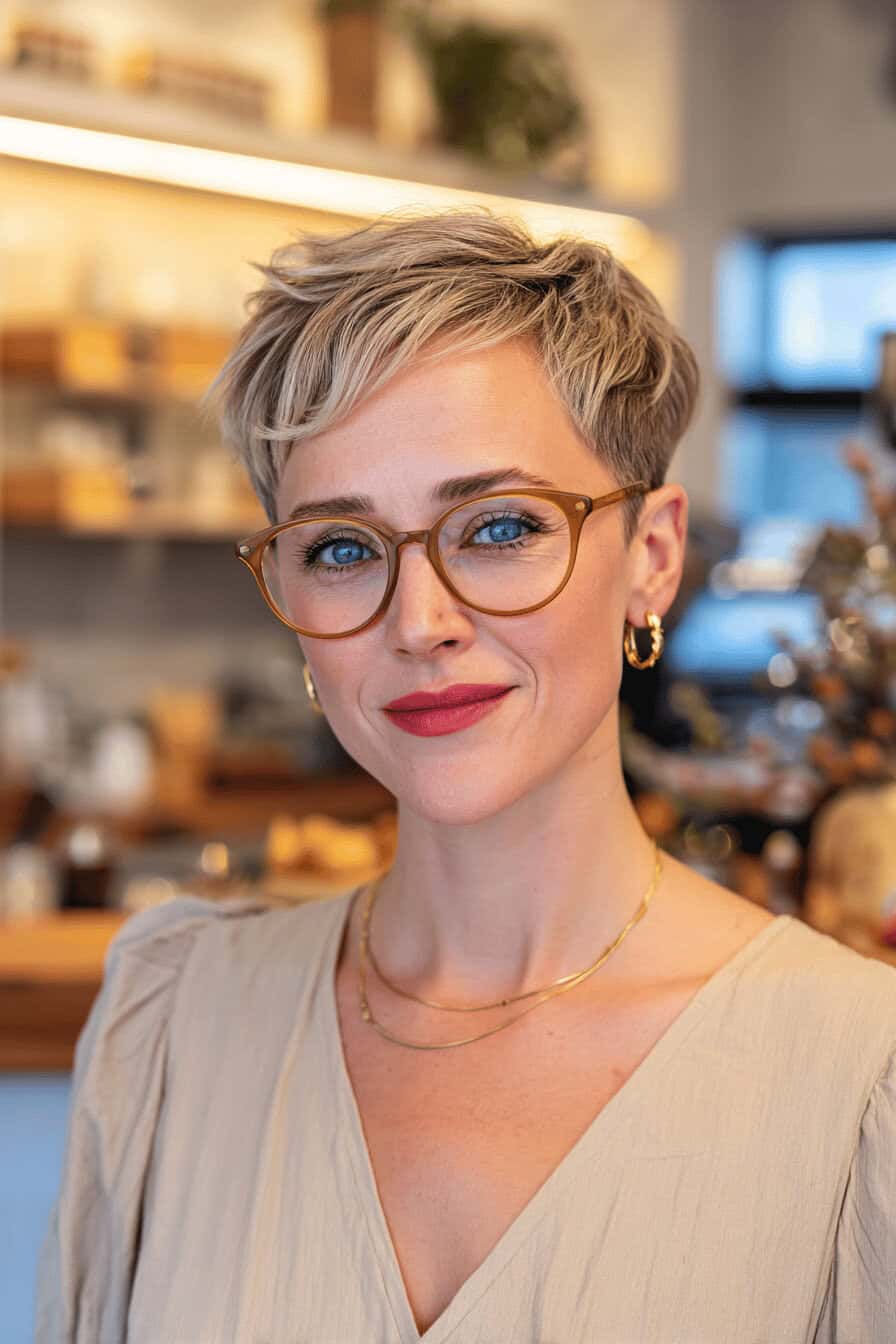 Dame mit modischem Kurzhaarschnitt und Brille im Café.