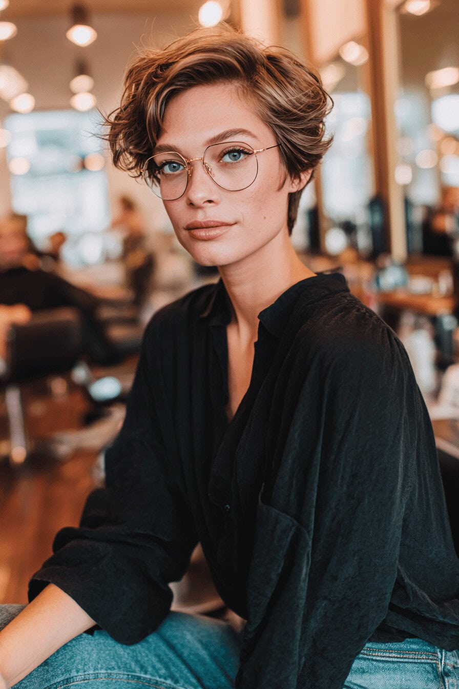 Frau mit kurzem, welligem Haar und Brille sitzt in einem Friseursalon.