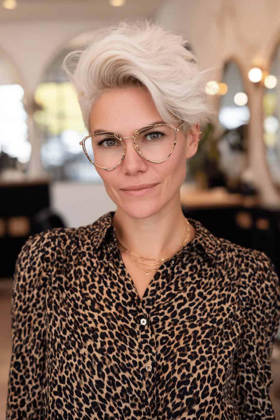 Dame mit kurz geschnittenem, blondem Haar und Brille.