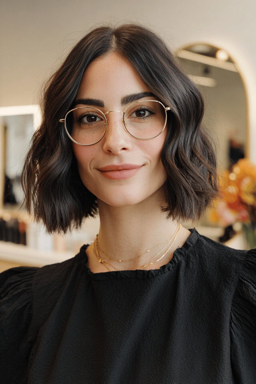 Dame mit Long Bob und Brille, elegant und modern.
