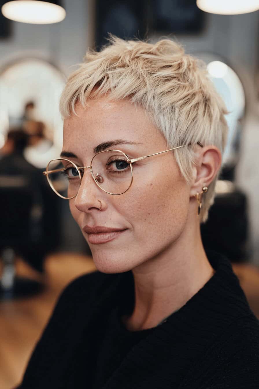 Frau mit blonder Kurzhaarfrisur und Brille im Friseursalon.