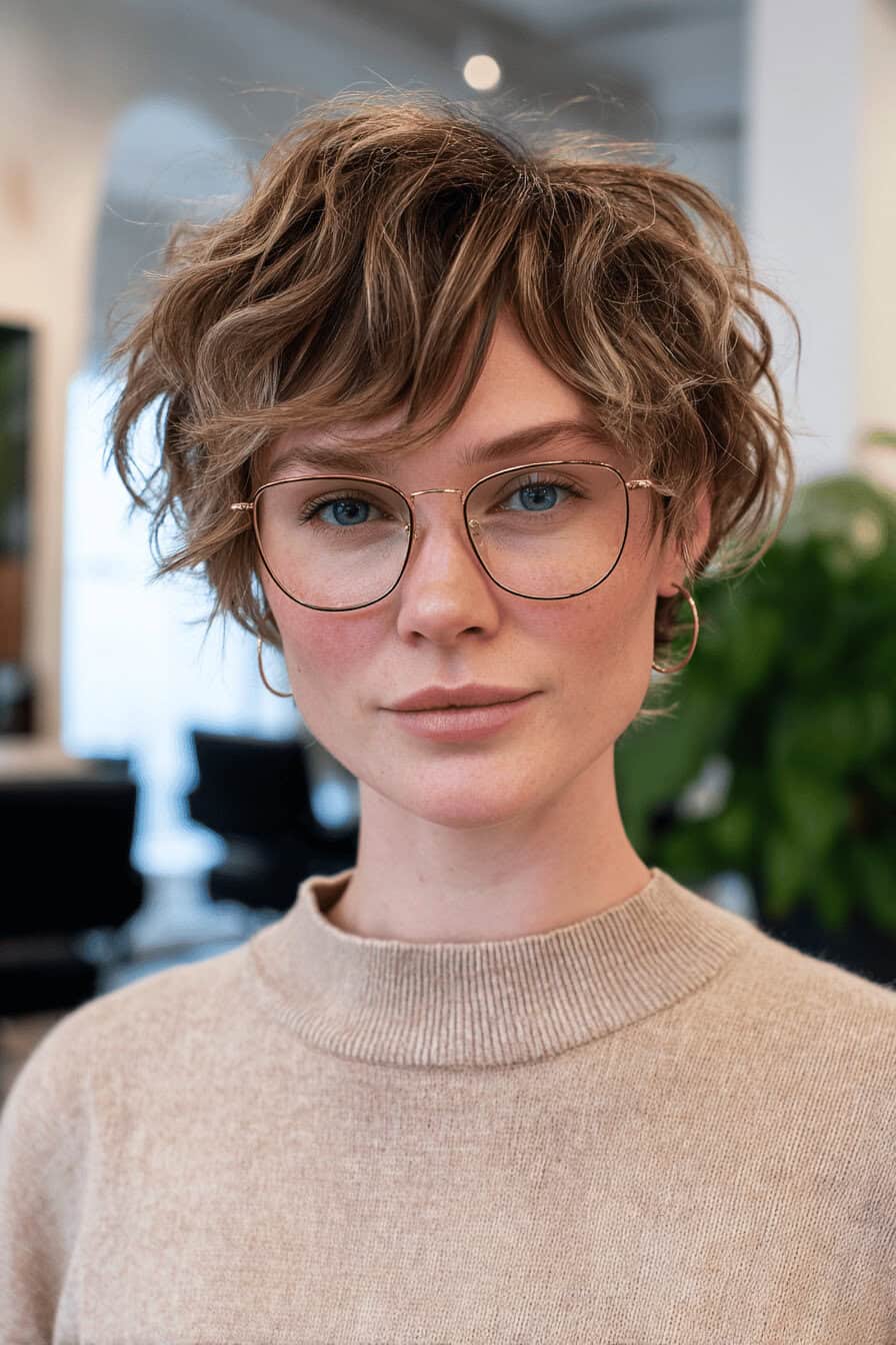 Dame mit kurzer, lockiger Frisur und Brille in einem stilvollen Ambiente.