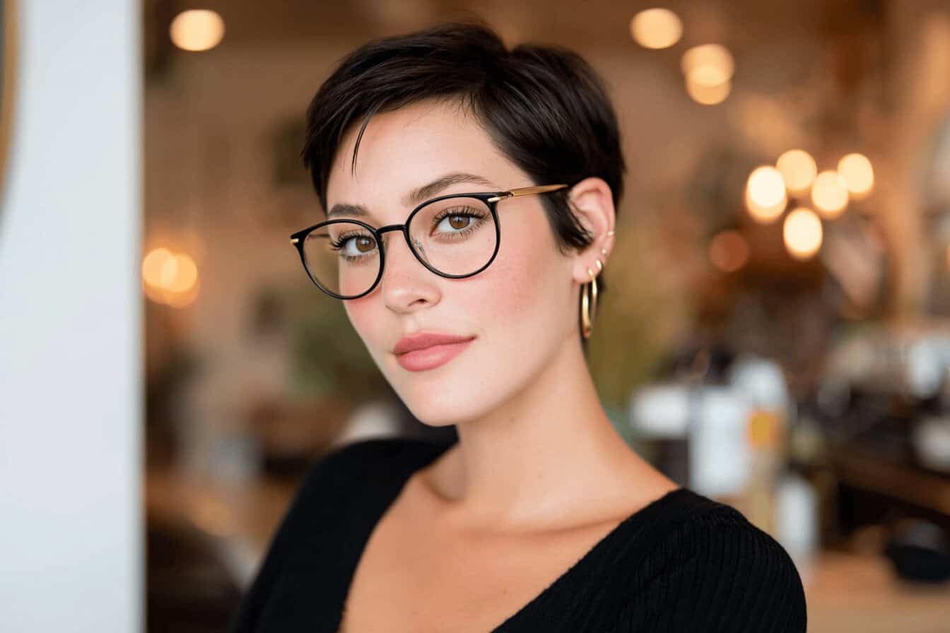 Person mit Brille und Ohrringen im Café