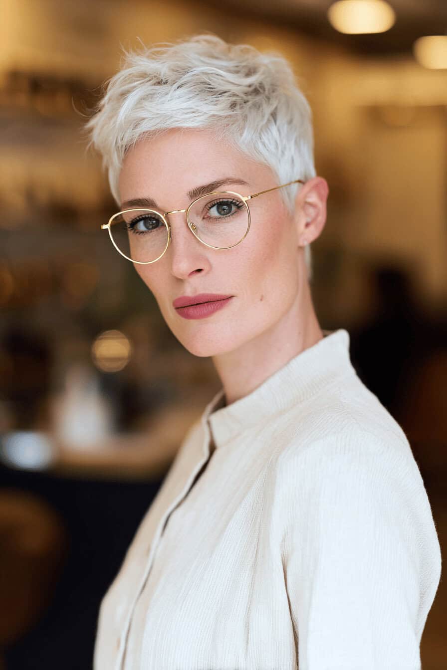 Frau mit stylischem Kurzhaarschnitt und Brille.