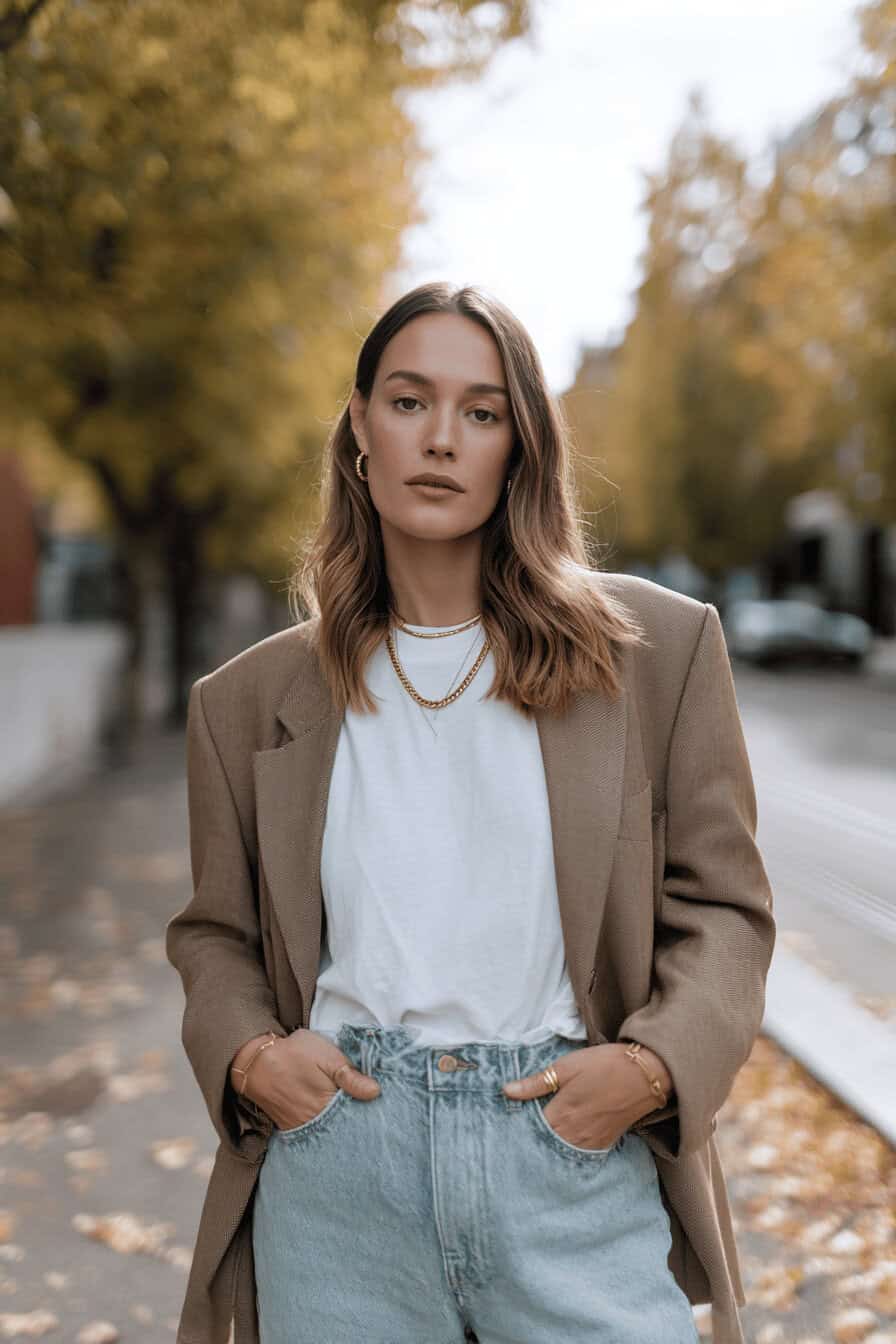 Person in Oversized Blazer, weißem T-Shirt und Boyfriend Jeans auf herbstlicher Straße mit Sneakers.