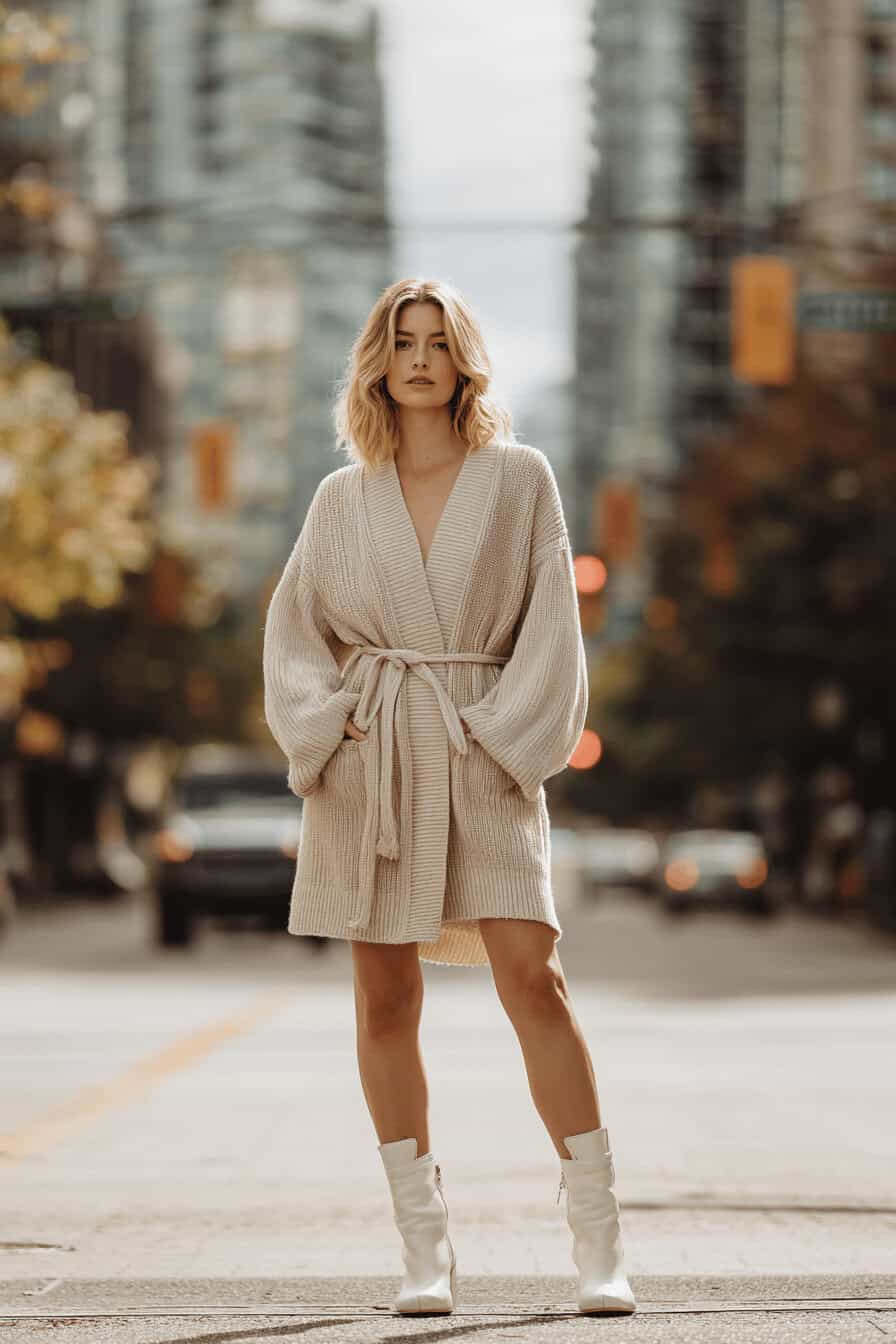 Frau in Cardigan-Kleid mit Taillengürtel und knöchelhohen Boots auf herbstlicher Straße mit Laub.
