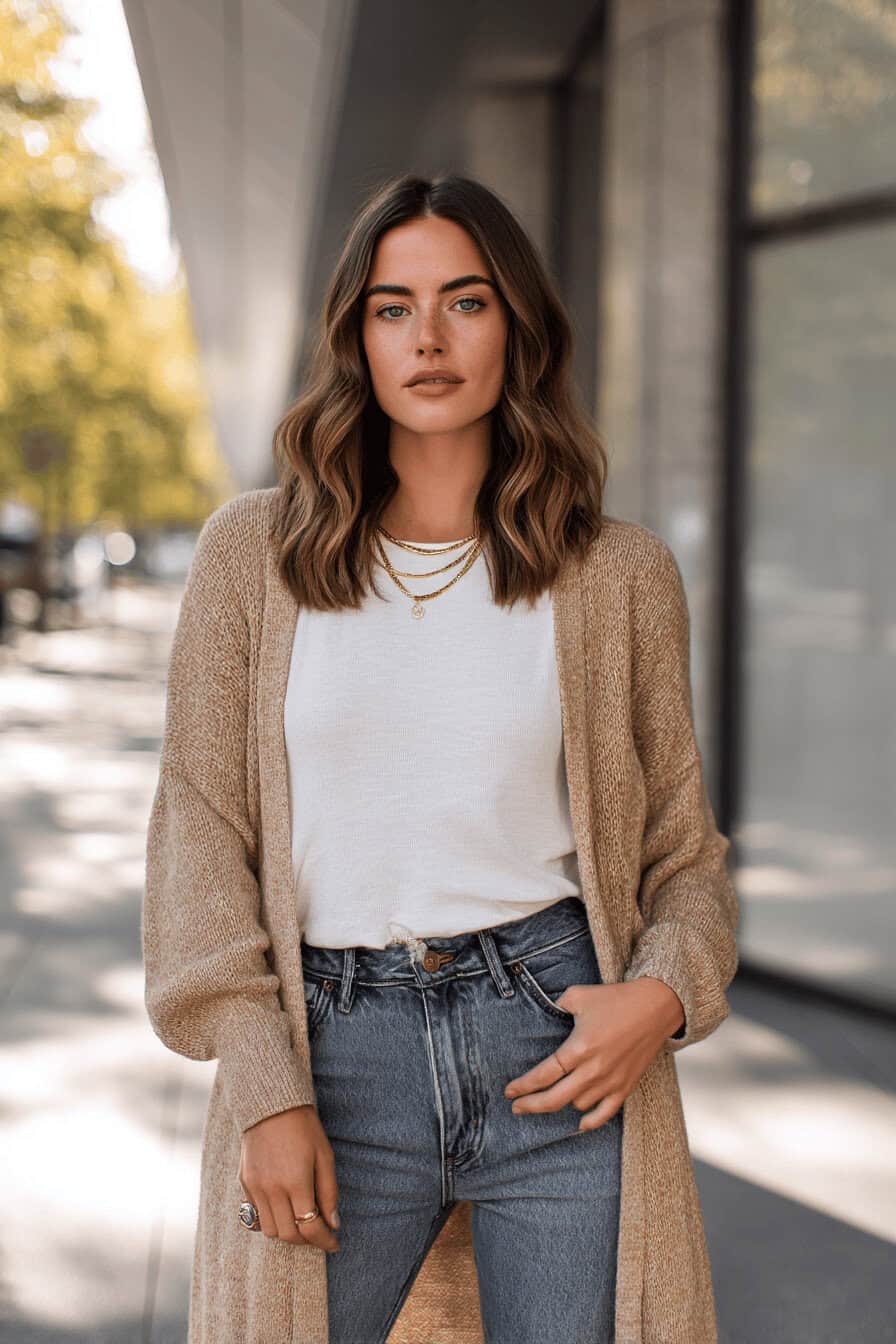 Person im langen Strick-Cardigan über Basic-Langarmshirt mit Straight Leg Jeans, herbstliche Szenerie.