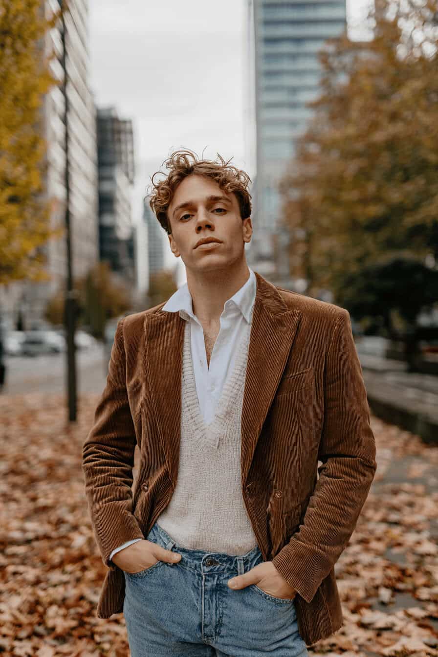 Person in camelbraunem Cordblazer, cremefarbenem Strickshirt und blauen Jeans mit Boots – lässiger Herbststil.