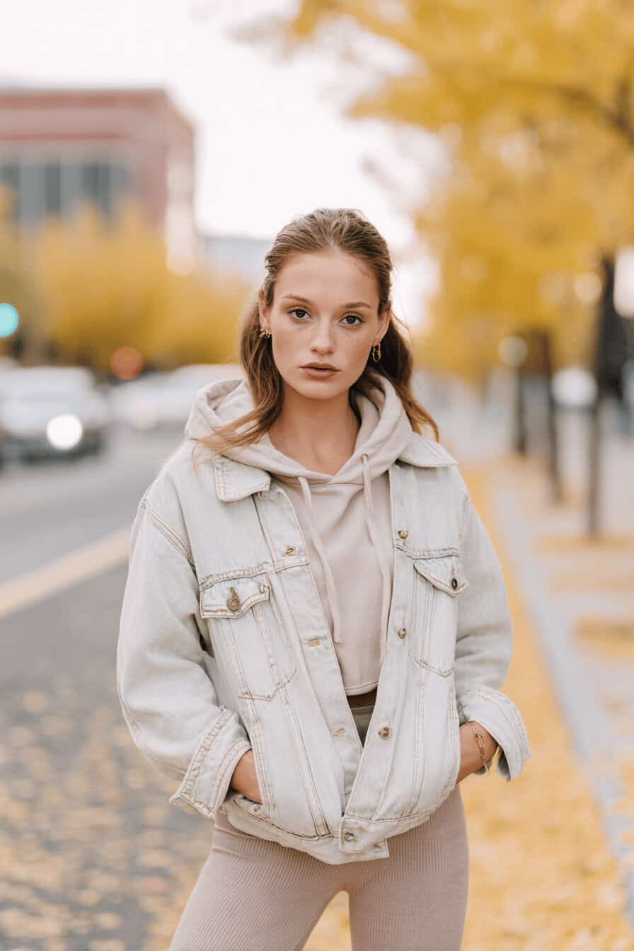 Person trägt Hoodie unter Jeansjacke mit Leggings und weißen Sneakern auf herbstlicher Straße.