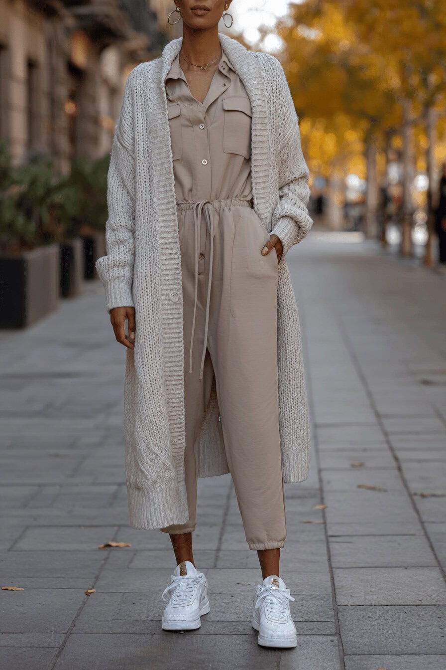 Frau trägt Jumpsuit mit gestricktem Cardigan und weißen Sneakern an einem herbstlichen Tag.