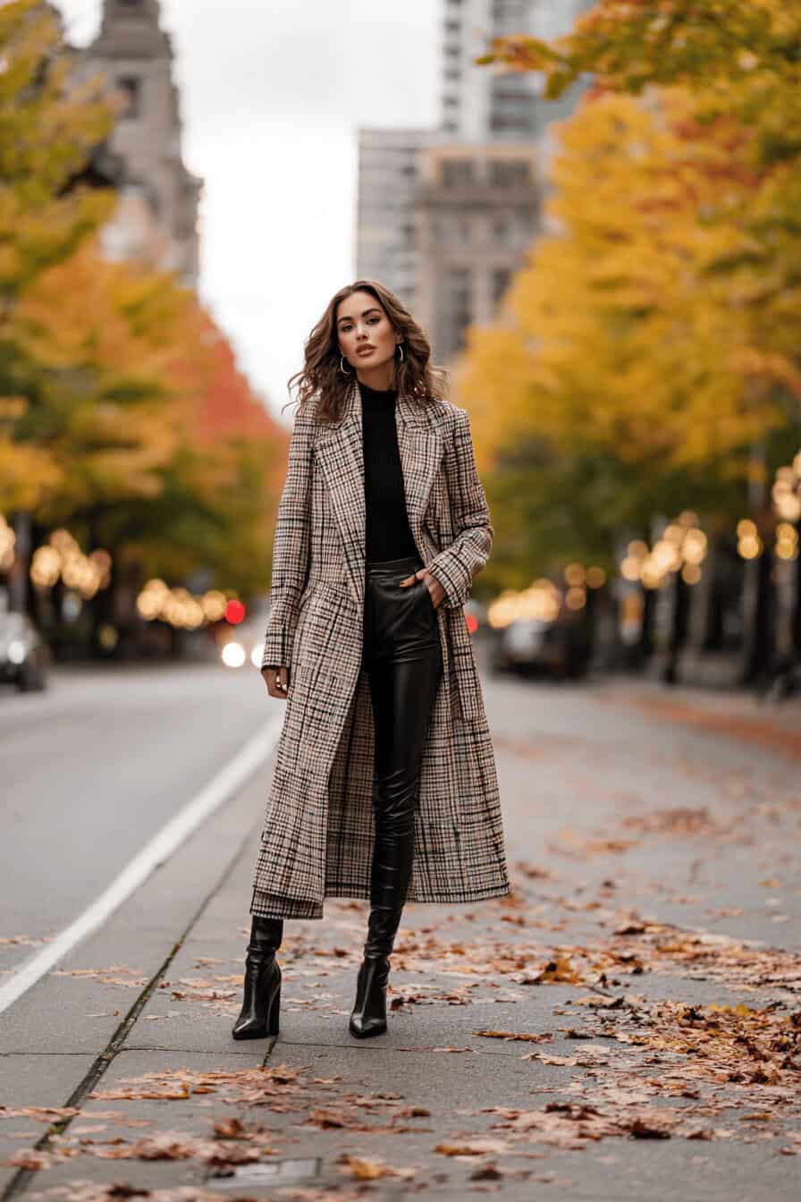 Frau in kariertem Mantel mit schwarzer Leggings und Stiefeletten auf einer herbstlichen Straße.