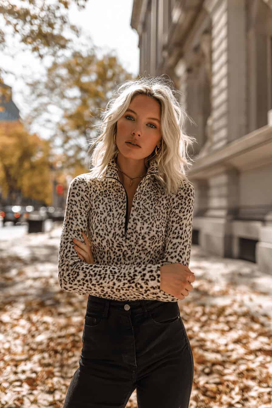 Person trägt Leoparden-Pullover mit schwarzer Hose und weißen Sneakern auf herbstlicher Straße.