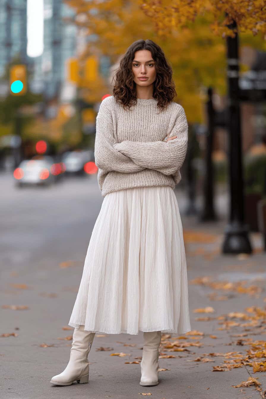 Person in Midi-Rock, Oversized-Pullover und derben Boots auf herbstlicher Straße, warme Erdtöne, Crossbody-Tasche.