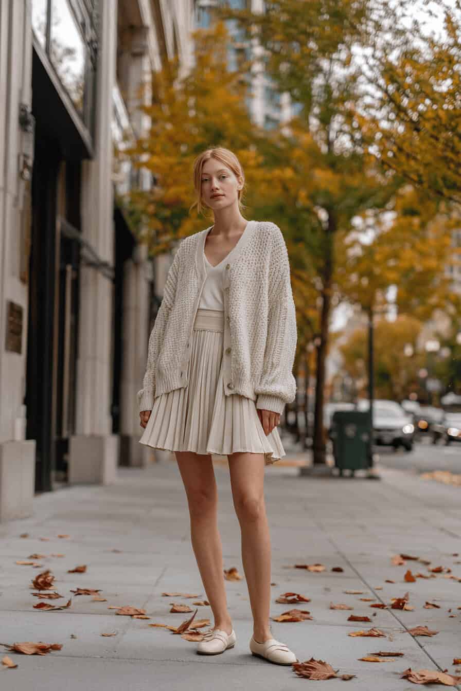 Frau in Plisseerock mit weicher Strickjacke und flachen Loafern in warmen Herbstfarben, leichte Bewegung im Rock, kleine Crossbody-Bag.