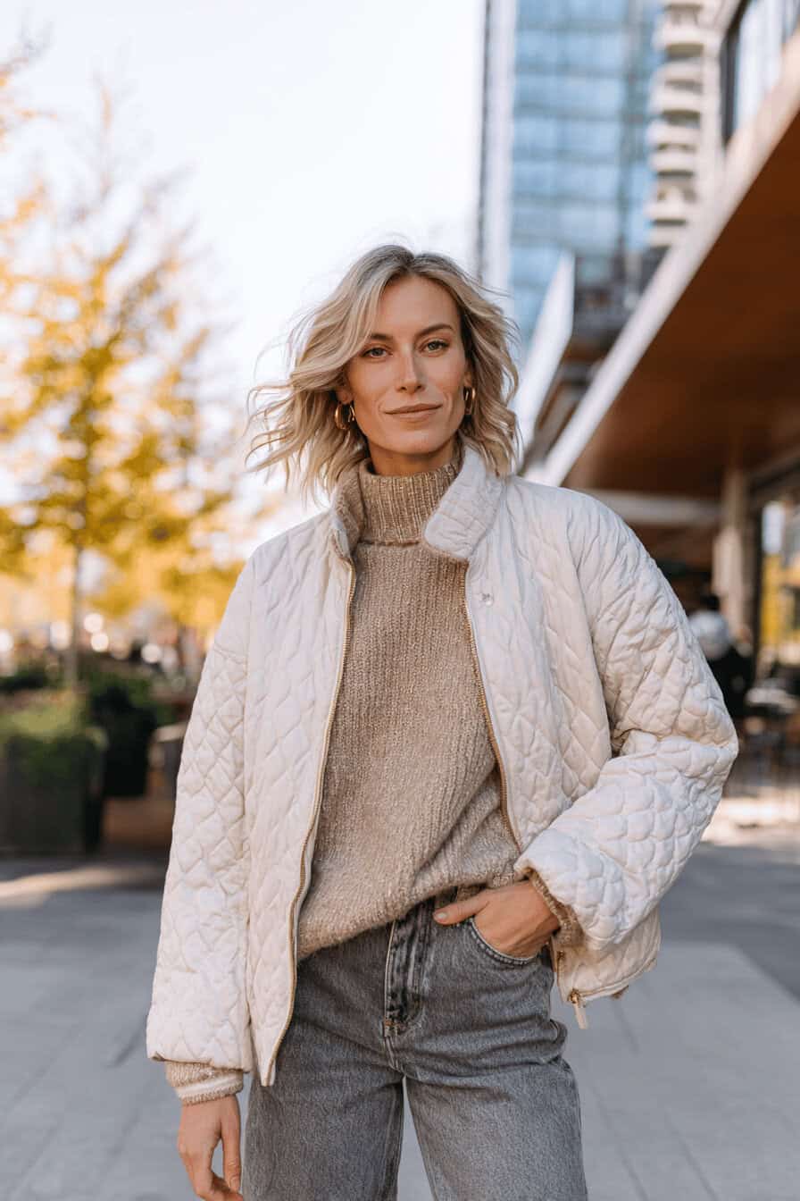 Person trägt Steppjacke über Strickpullover und Jeans in herbstlicher Stadtkulisse.
