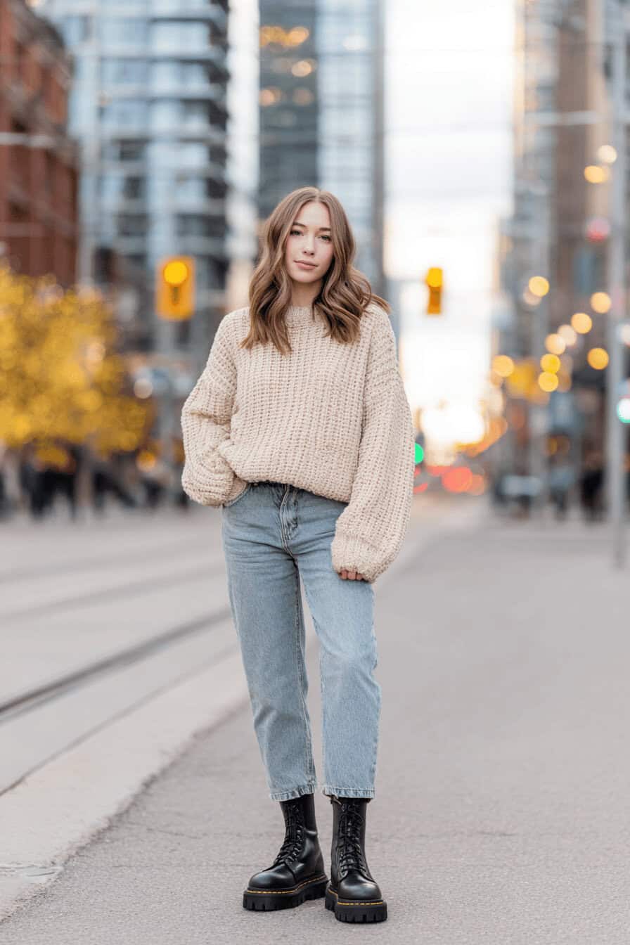 Person in Oversize-Strickpullover, Mom Jeans und Chunky Boots auf herbstlicher Straße; natürlicher Look in warmen Tönen.