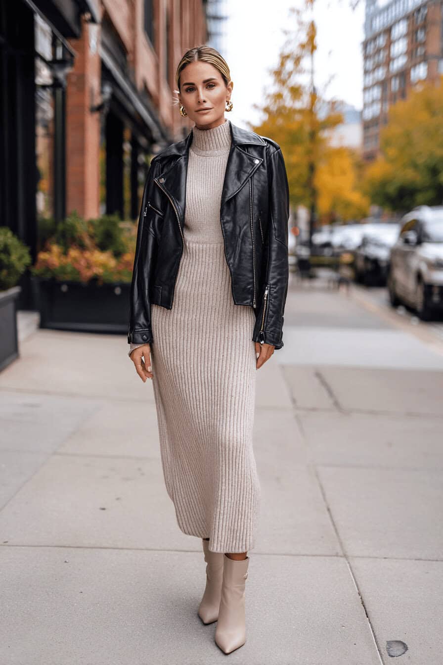 Model trägt Strickkleid, Lederjacke und Ankle Boots auf einer herbstlichen Straße.