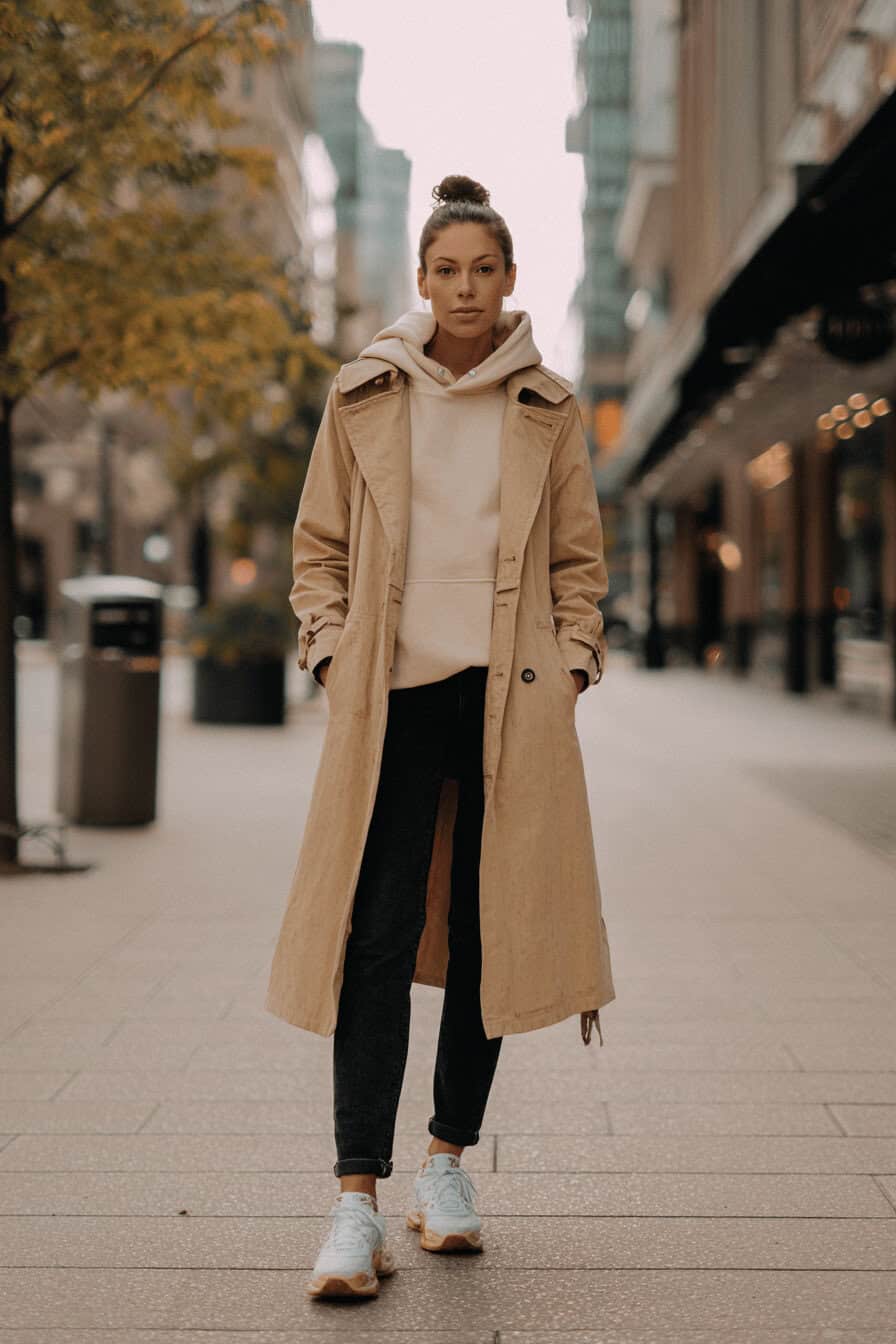 Person im beigen Trenchcoat über grauem Hoodie mit schwarzen Skinny Jeans und weißen Sneakern auf einer herbstlichen Stadtstraße.