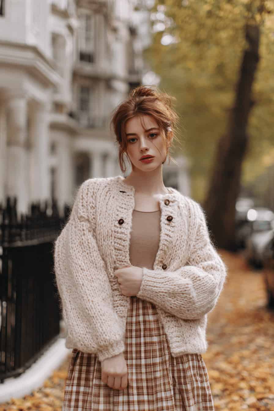 Frau in karamellfarbenem Twinset aus Strickjacke und Top mit fließendem Midi-Rock und Ankle-Boots an einem herbstlichen Tag.