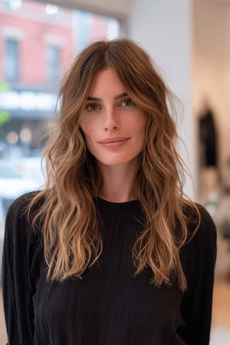 Frau mit langer, welliger Shag-Frisur in einem schwarzen Oberteil.