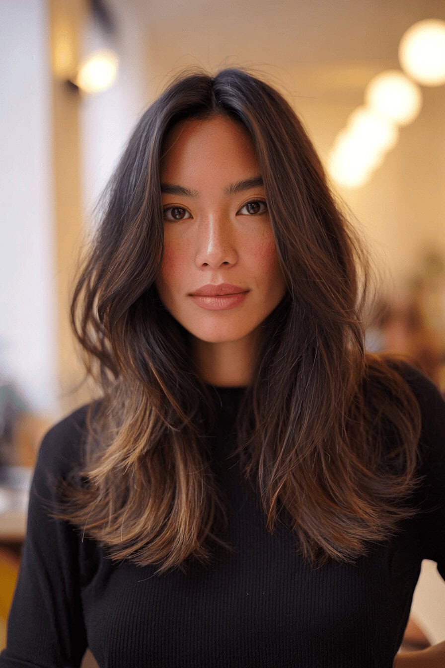 Frau mit langer Shag Frisur und dramatischen Stufen für maximales Volumen.