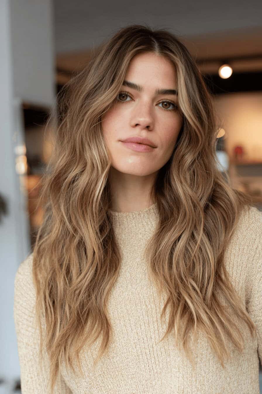 Frau mit langen, welligen Shag Frisuren und natürlichem Look.