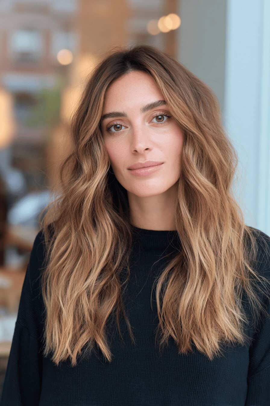 Frau mit langen, welligen Shag-Frisuren und warmen Karamell-Highlights.