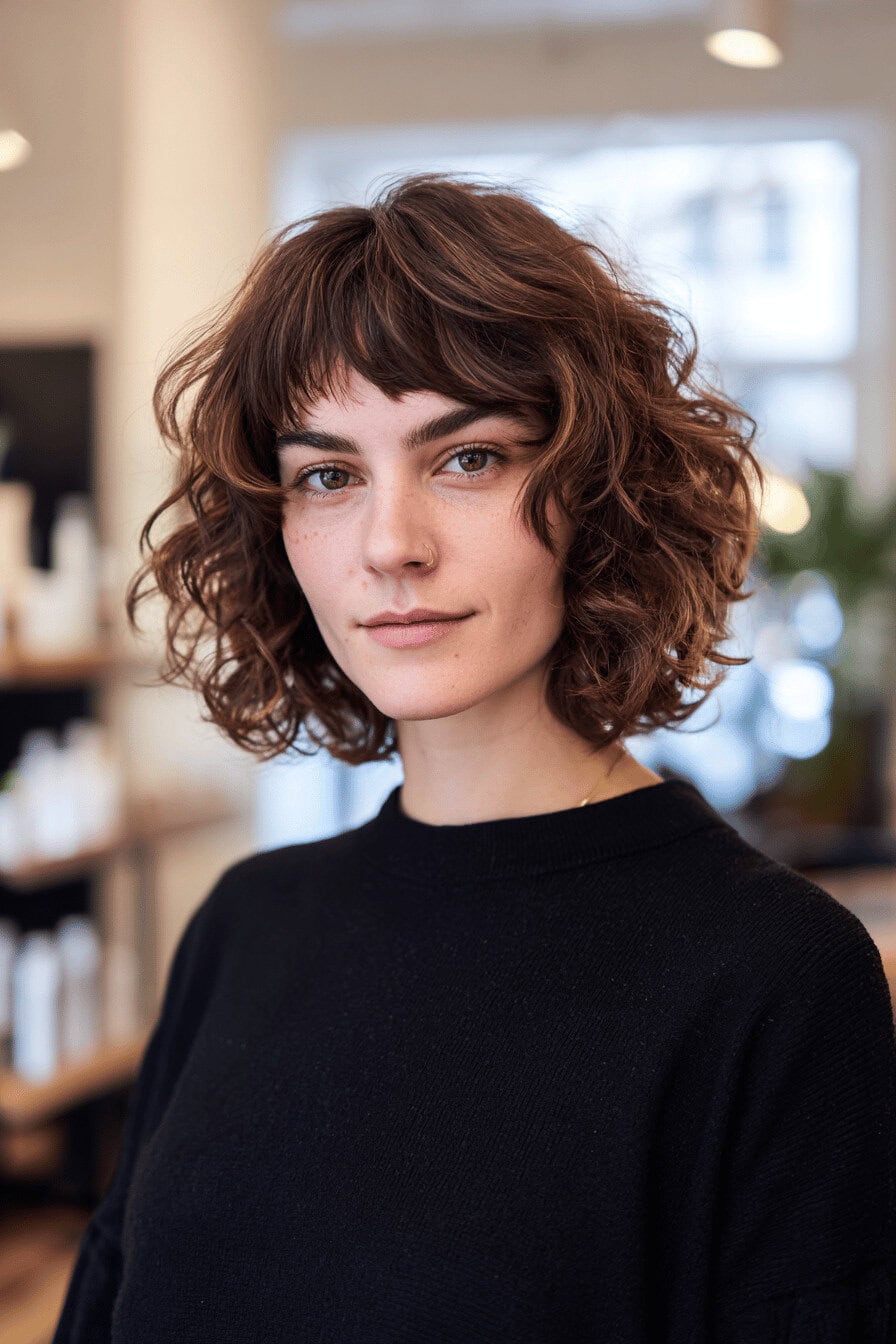 Frau mit lockigen, schulterlangen Shag-Haaren im Salon.