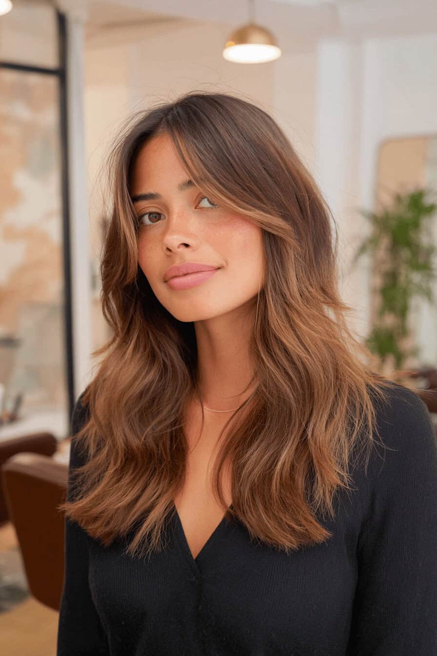 Frau mit langen Shag-Frisuren und Curtain Bangs in einem Friseursalon.