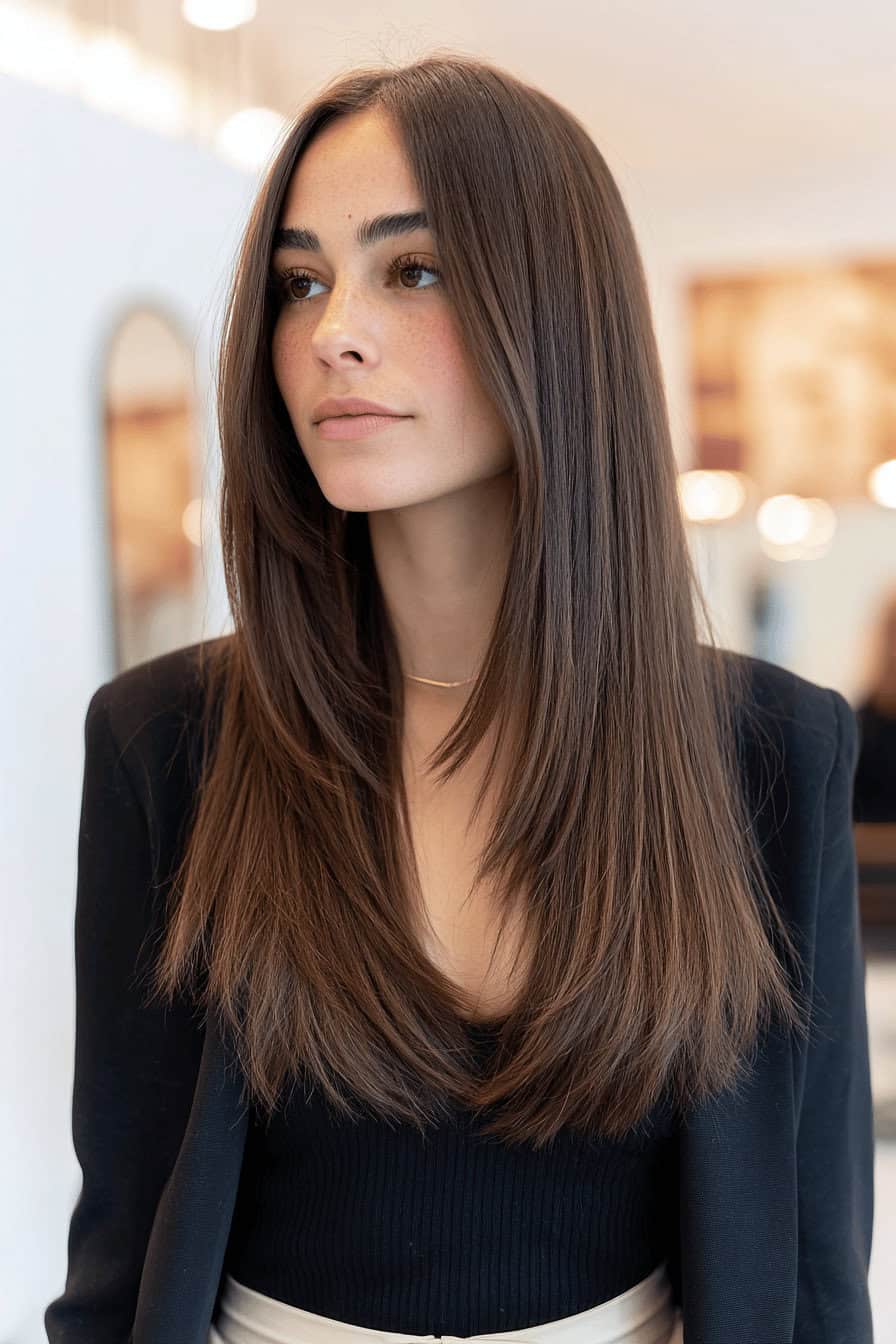 Frau mit glattem, langem Haar in einem modernen Friseursalon.