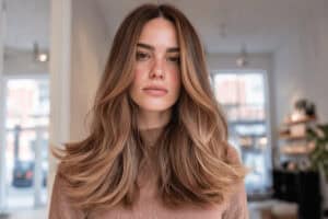 Frau mit braunen Haaren im Innenraum