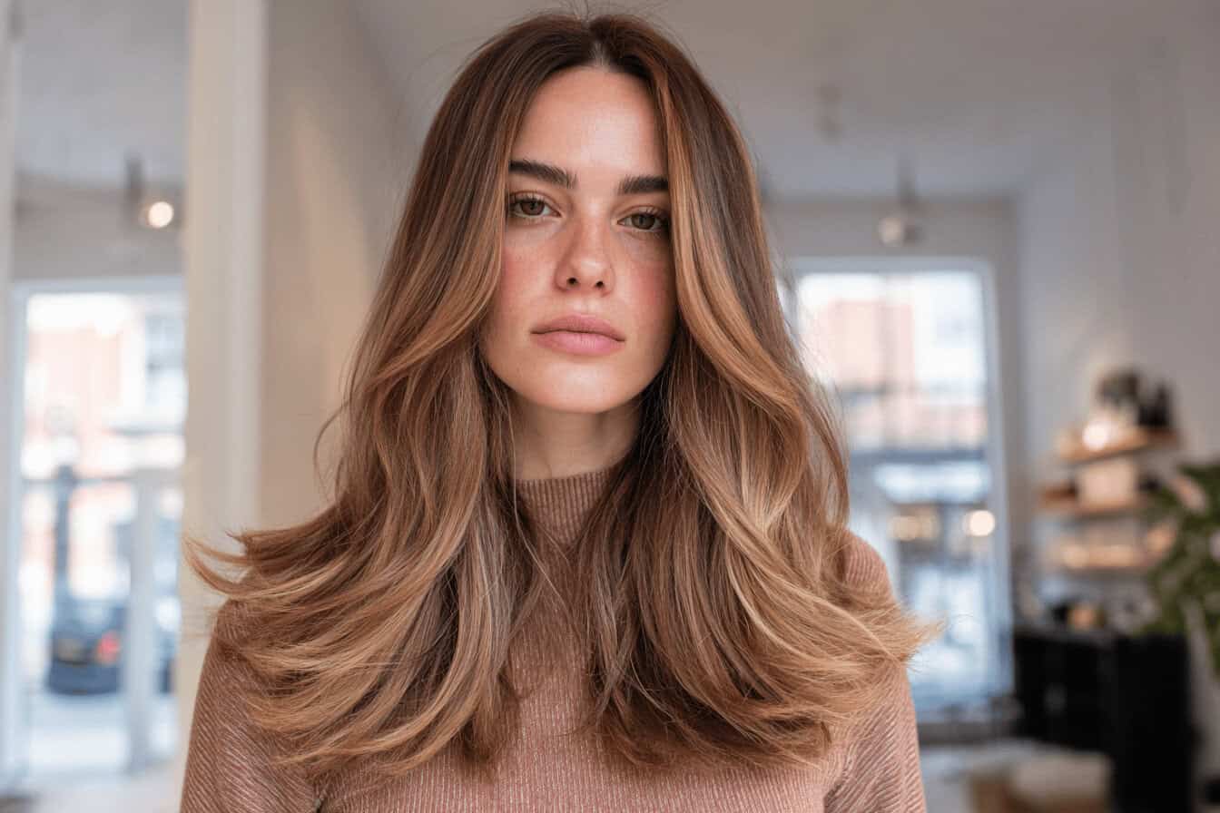 Frau mit braunen Haaren im Innenraum