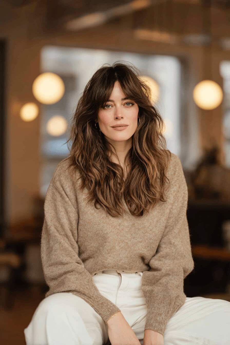 Eine Person mit langen, welligen Shag-Haaren und Pony, in lässiger Kleidung in einem gemütlichen Raum.