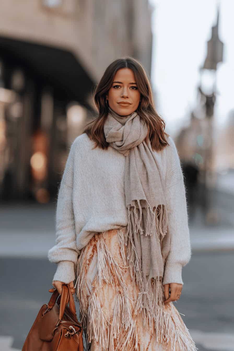 Herbstlook mit langem Fransenrock, Kuschelpullover und Schal