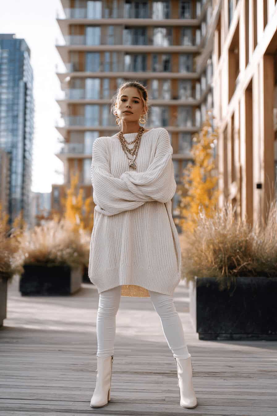 Frau im Pulloverkleid mit Leggings und Ankle Boots auf herbstlicher Straße in neutralen Tönen.
