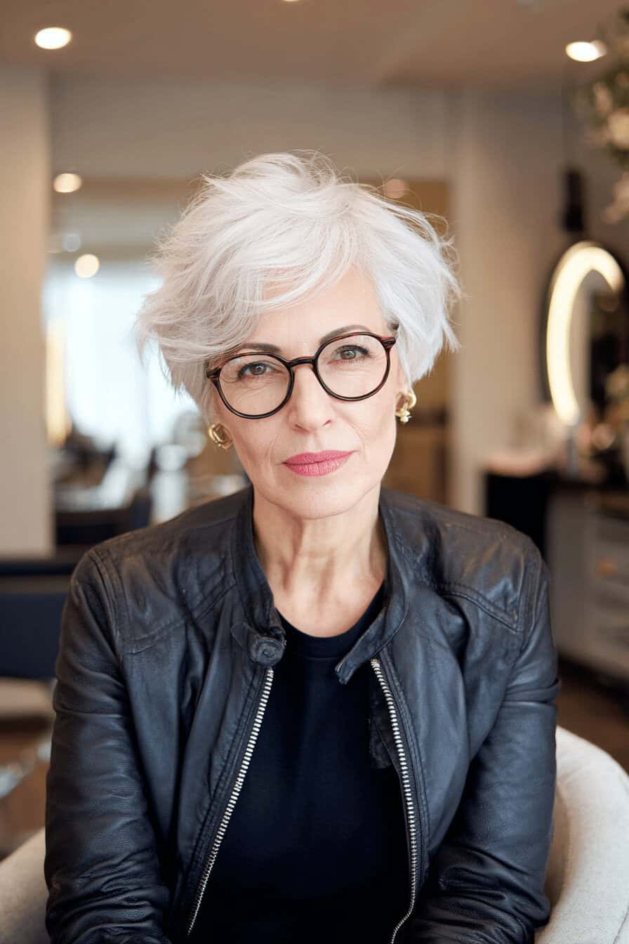 Ältere Frau mit weiß-grauem, gestuftem Kurzhaarschnitt und Brille im Salon