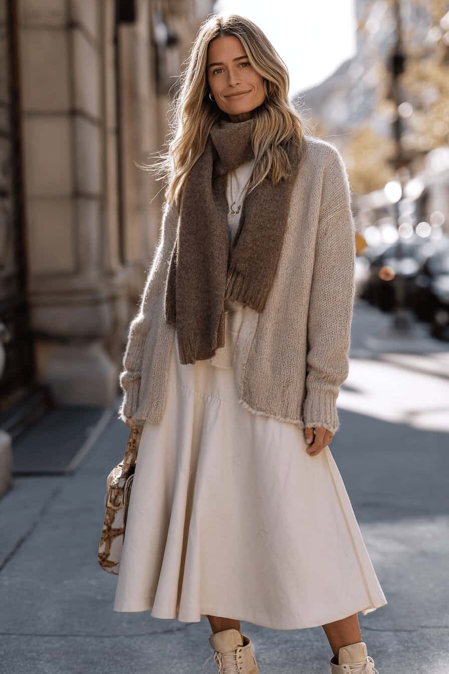Frau im herbstlichen Layering-Look mit Strickpullover, Schal und Midirock