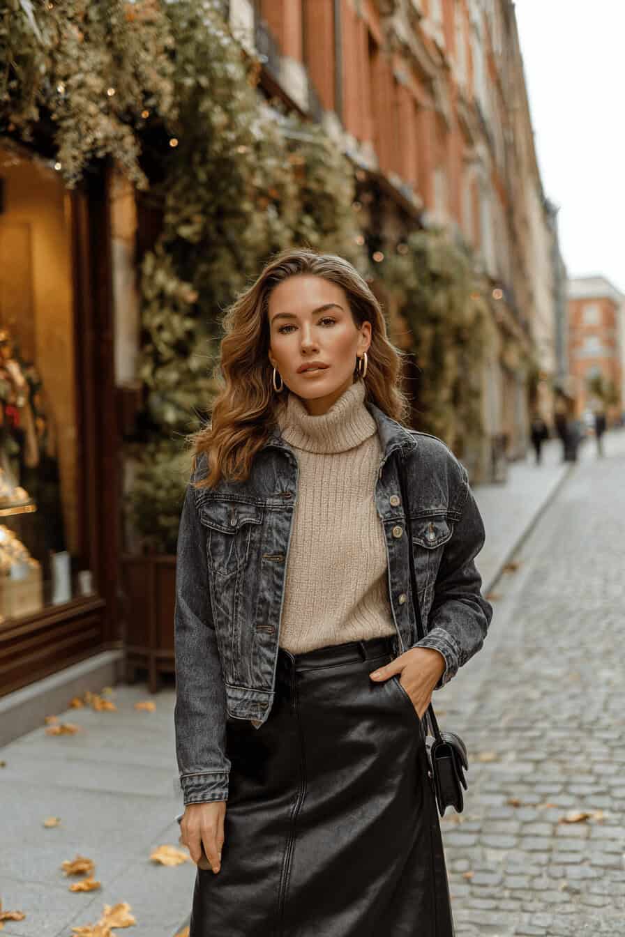 Frau im Lederrock mit Denimjacke, Strickpullover und Ankle Boots im herbstlichen Straßenlook.