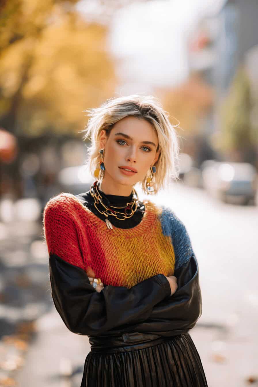 Frau im herbstlichen Streetstyle mit schwarzem Lederrock, buntem Strickpullover und auffälligen Accessoires; dazu blickdichte Strumpfhose und Boots.