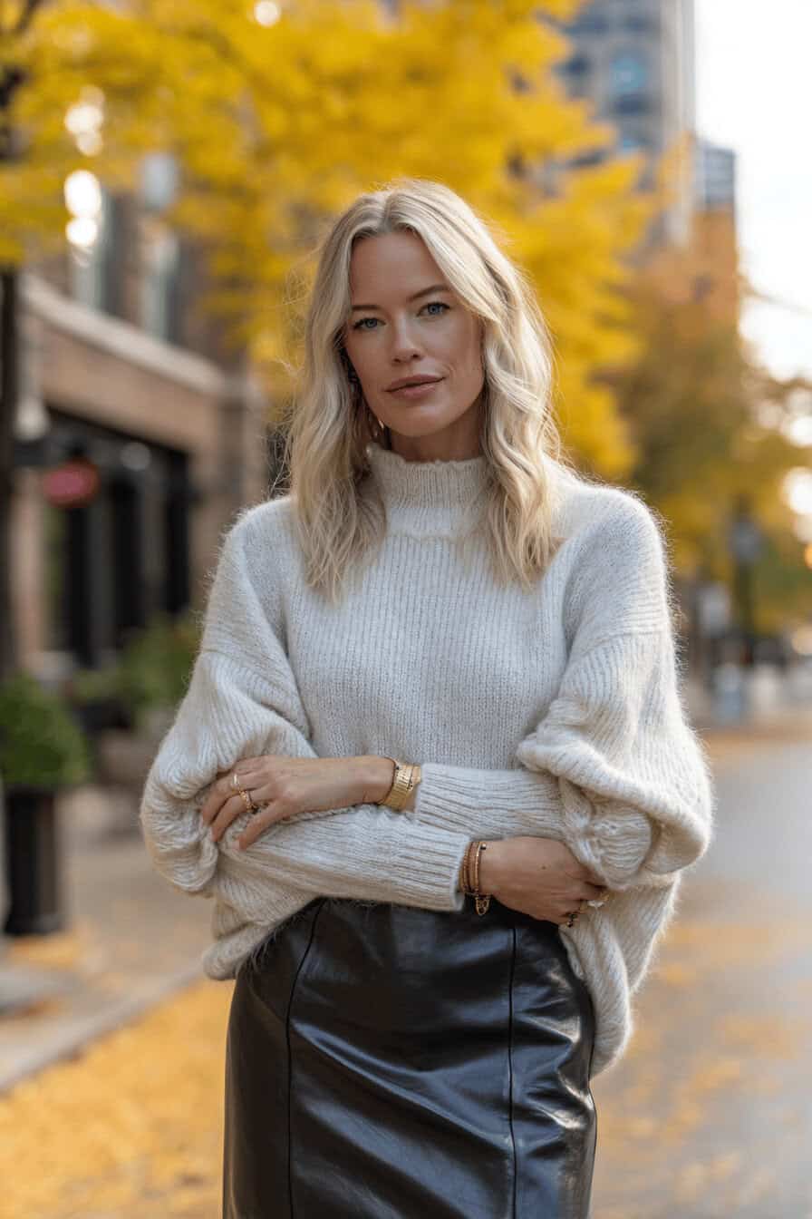 Frau im Lederrock mit oversized Strickpullover, herbstliche Straße, Ankle Boots und Crossbody-Bag.