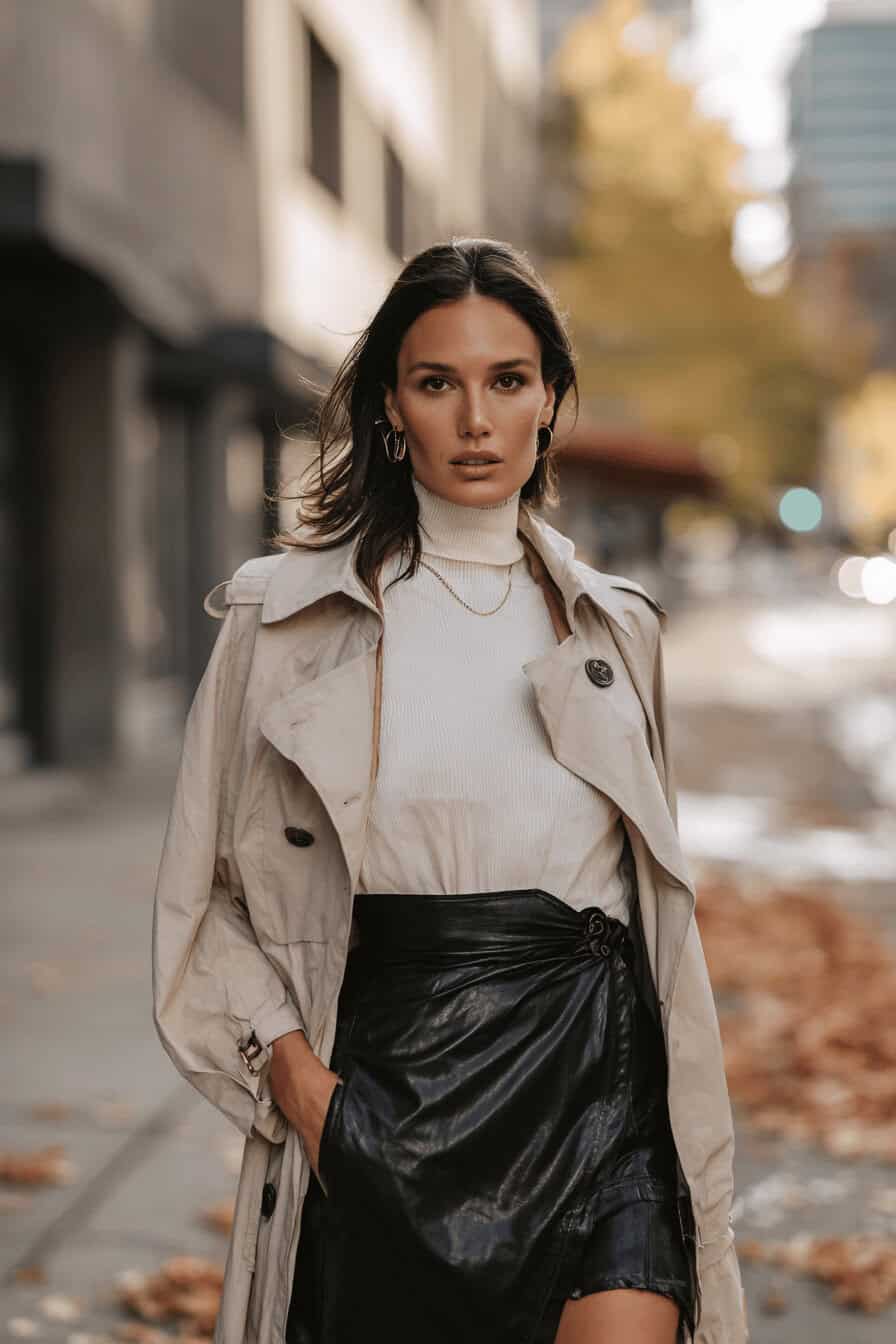 Frau in schwarzem Lederrock und beigem Trenchcoat auf herbstlicher Straße, kombiniert mit Strickpullover, Ankle Boots und Crossbody-Tasche.