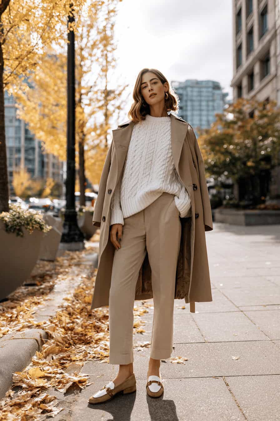 Frau in beigem Herbst-Outfit mit Loafern und Wollpullover auf herbstlich belaubtem Gehweg