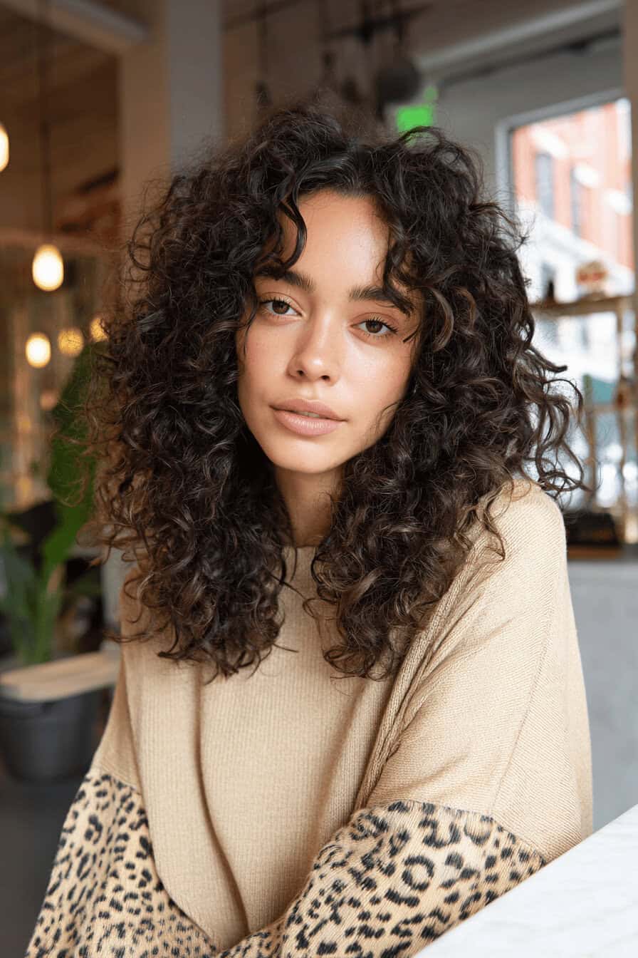 Person mit voluminösen, lockigen Shag-Frisuren in einem gemütlichen Café.