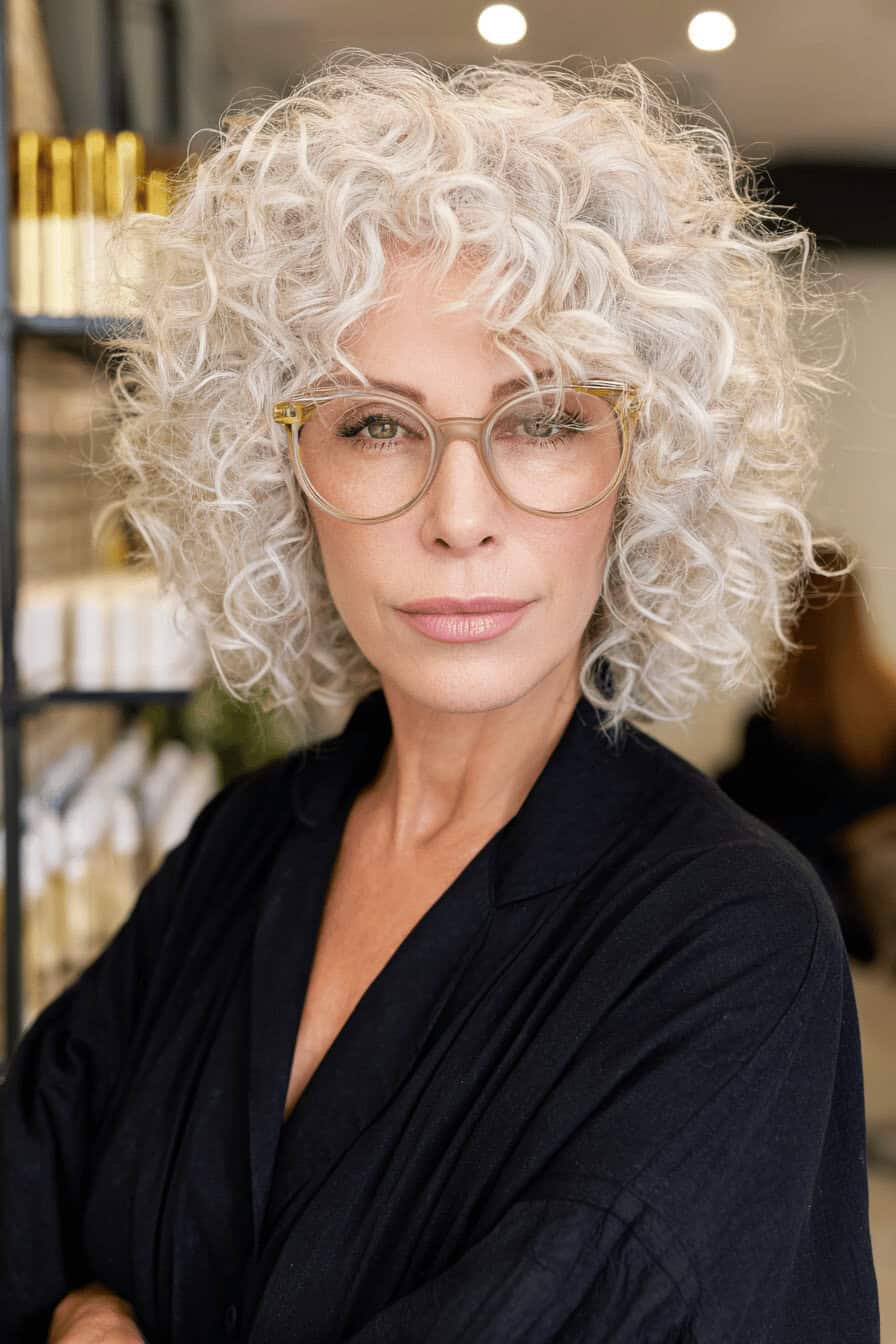 Ältere Frau mit lockigem, grauem Bob und Brille im modernen Friseursalon
