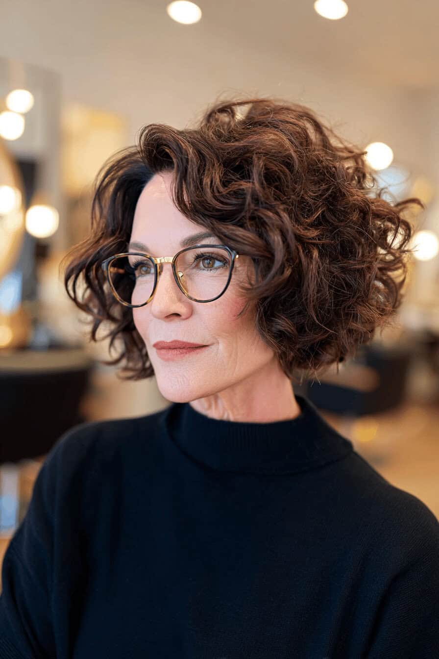 Frau mit lockigem Bob und Brille im Friseursalon